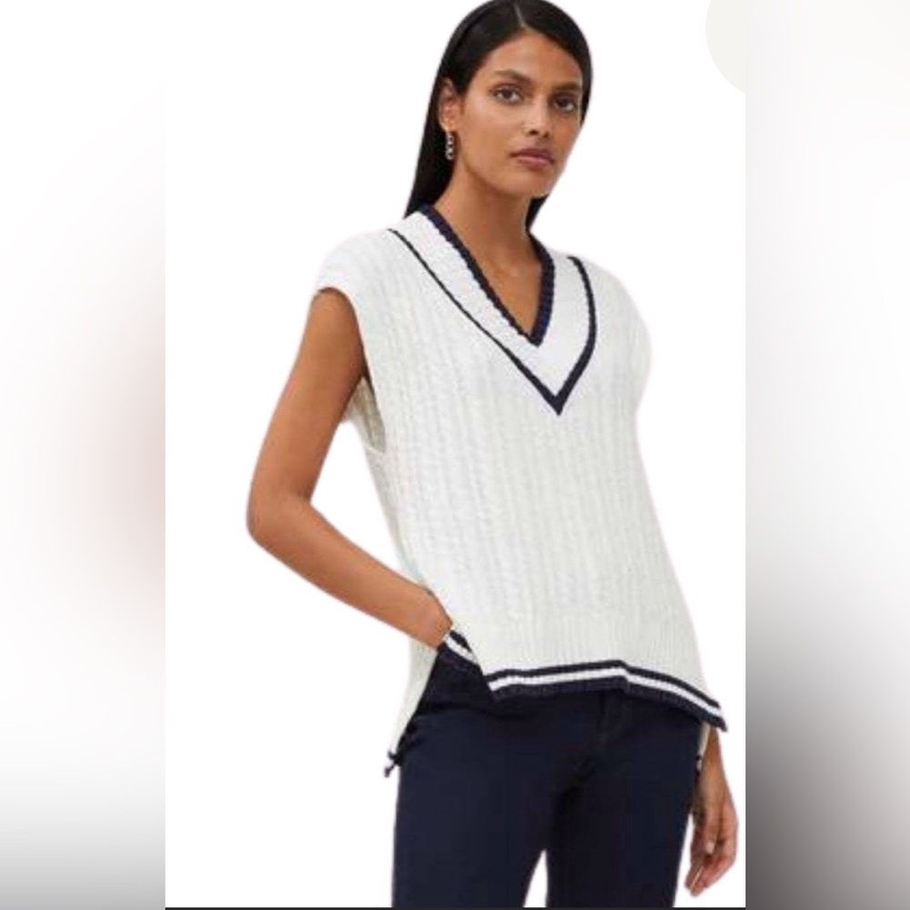 French Connection Mozart V Neck Capped Sleeve Jumper Vest White/Navy Sz Small
